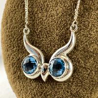 Designer Silver Blue Topaz Owl Head Pendants