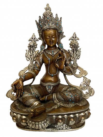Buddhist Statue Of Green Tara, [silver And Chocolate Oxidized, Stone Setting]