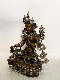 Buddhist Statue Of Green Tara, [silver And Chocolate Oxidized, Stone Setting]