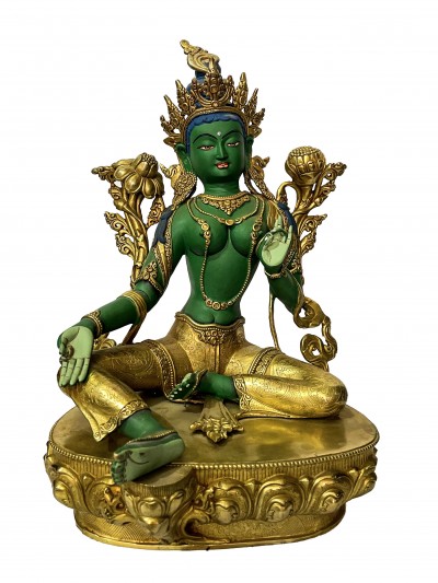 Buddhist Statue Of Green Tara, [partly Gold Plated, Traditional Color]