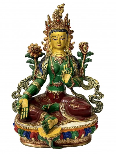Buddhist Statue Of Green Tara, [face Painted, Traditional Color]