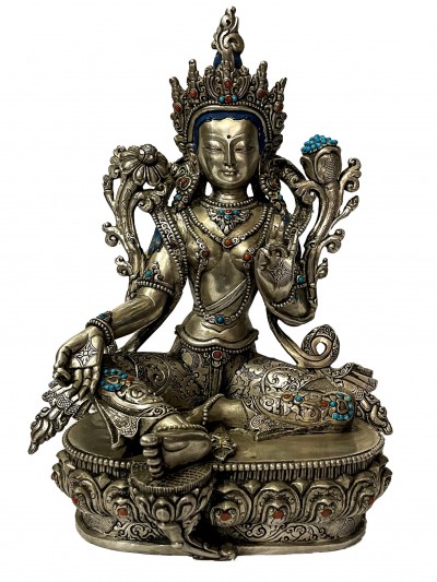 [master Quality], Buddhist Statue Of Green Tara, [silver Statue Stone Setting], [rare Find]