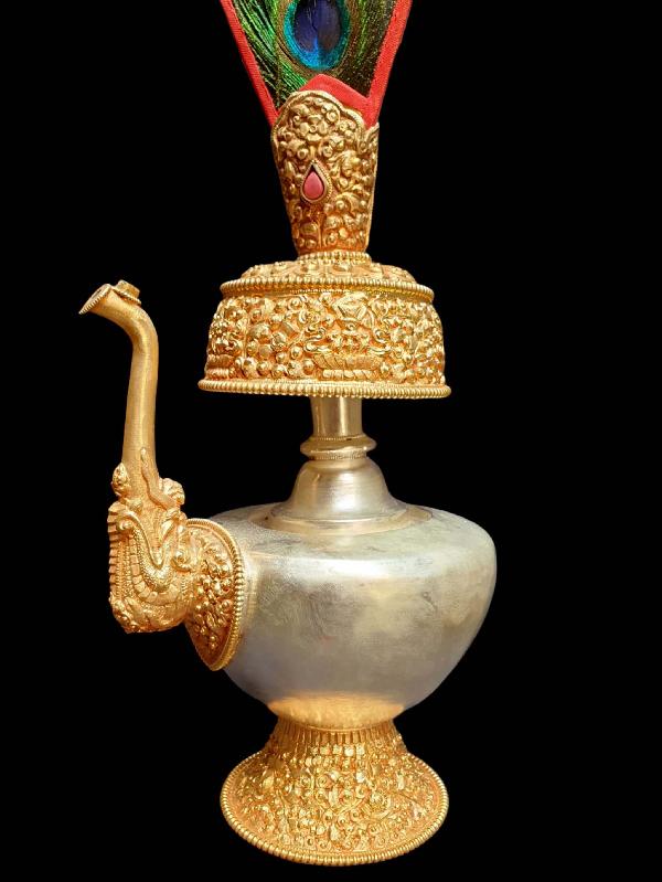 [hq], [large] Copper Bhumpa- Bhumba. Fine Carving, [partly Gold Plated, Silver Plated, Stone Setting], With Peacock Feather