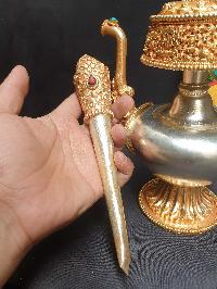 [hq], [large] Copper Bhumpa- Bhumba. Fine Carving, [partly Gold Plated, Silver Plated, Stone Setting], With Peacock Feather