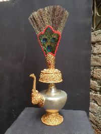 [hq], [large] Copper Bhumpa- Bhumba. Fine Carving, [partly Gold Plated, Silver Plated, Stone Setting], With Peacock Feather