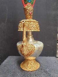 [hq], [large] Copper Bhumpa- Bhumba. Fine Carving, [partly Gold Plated, Silver Plated, Stone Setting], With Peacock Feather