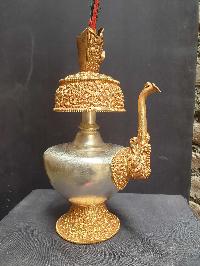 [hq], [large] Copper Bhumpa- Bhumba. Fine Carving, [partly Gold Plated, Silver Plated, Stone Setting], With Peacock Feather