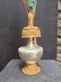 [hq], [large] Copper Bhumpa- Bhumba. Fine Carving, [partly Gold Plated, Silver Plated, Stone Setting], With Peacock Feather