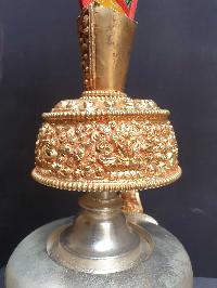 [hq], [large] Copper Bhumpa- Bhumba. Fine Carving, [partly Gold Plated, Silver Plated, Stone Setting], With Peacock Feather