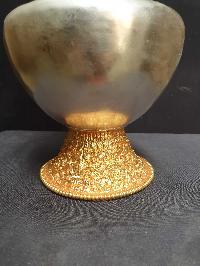 [hq], [large] Copper Bhumpa- Bhumba. Fine Carving, [partly Gold Plated, Silver Plated, Stone Setting], With Peacock Feather