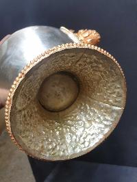 [hq], [large] Copper Bhumpa- Bhumba. Fine Carving, [partly Gold Plated, Silver Plated, Stone Setting], With Peacock Feather