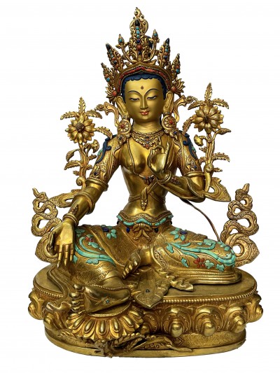 [master Quality], Buddhist Statue Of Green Tara, [full Gold Plated, Stone Setting, Face Painted], [rare Find]
