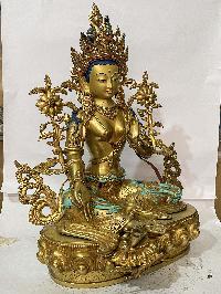 [master Quality], Buddhist Statue Of Green Tara, [full Gold Plated, Stone Setting, Face Painted], [rare Find]