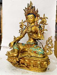 [master Quality], Buddhist Statue Of Green Tara, [full Gold Plated, Stone Setting, Face Painted], [rare Find]