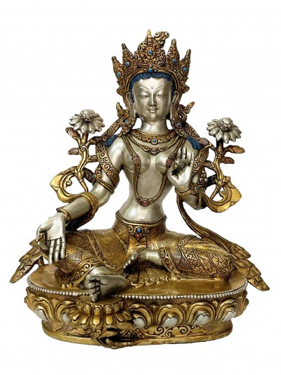 [master Quality], Buddhist Statue Of Green Tara, [gold And Silver Plated], [rare Find]