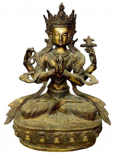 Buddhist Statue Of Chenrezig - Avalokitesvara [full Gold Plated, Antique], [rare Find]