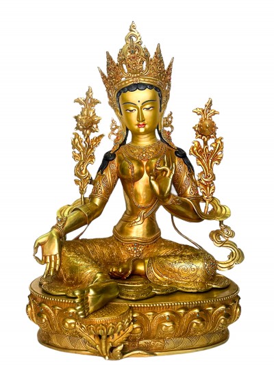 [master Quality], Hq, Buddhist Statue Of Green Tara, [full Fire Gold Plated, Face Painted]