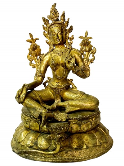 Hq, Buddhist Statue Of Green Tara, [gold Plated, Antique]