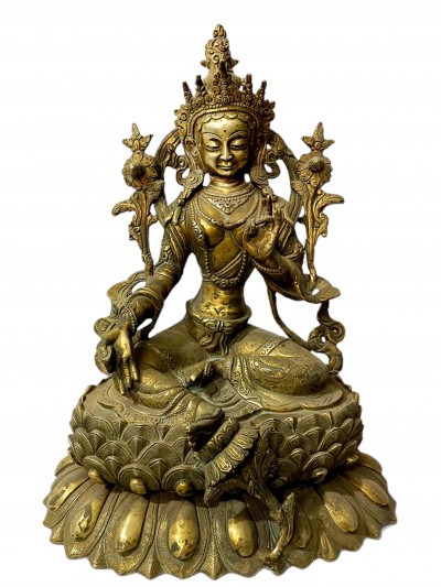 Hq, Buddhist Statue Of Green Tara, [gold Plated, Antique], [rare Find]