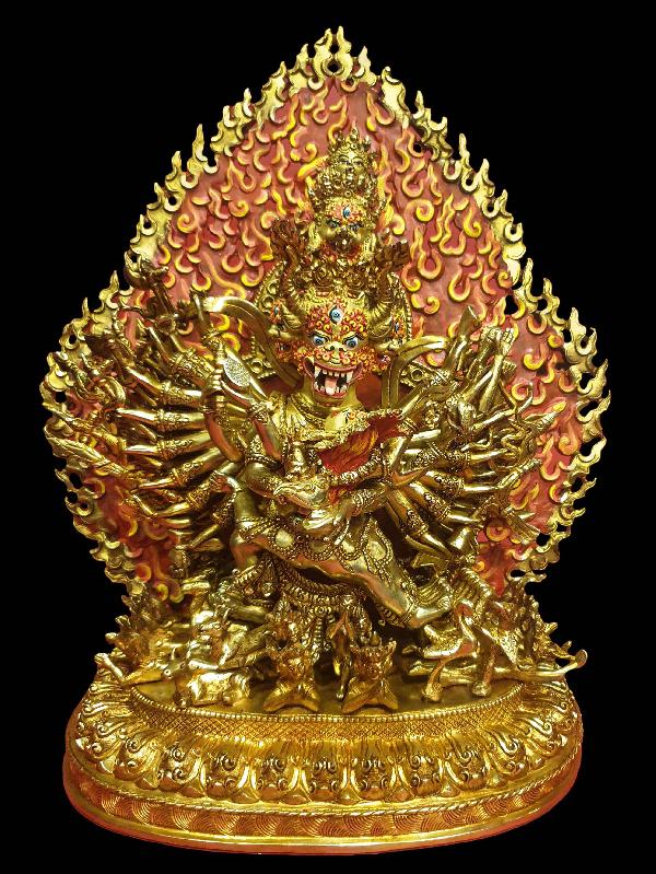 Buddhist Statue Of Yamantaka Vajrabhairava, [full Fire Gold Plated, Face Painted]