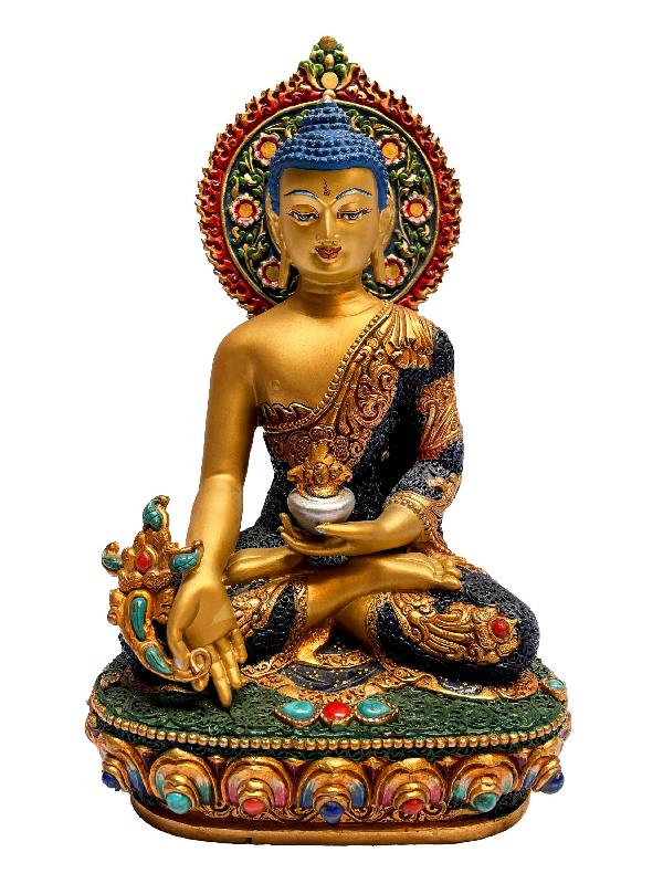 [master Quality], Buddhist Statue Of Medicine Buddha, [face Painted, Stone Setting, Partly Gold Plated]