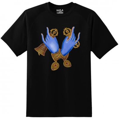 Nepali Cotton Round Neck T-shirt [black] Print Of [bajra And Bell In Hand], By Yelos Bajracharya