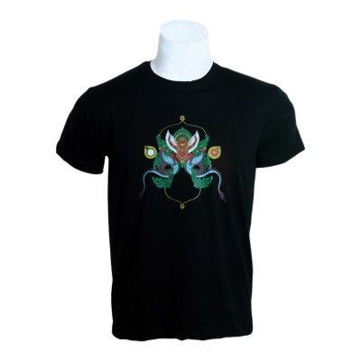 Nepali Cotton Round Neck T-shirt [black] Print Of [red Garuda], By Yelos Bajracharya