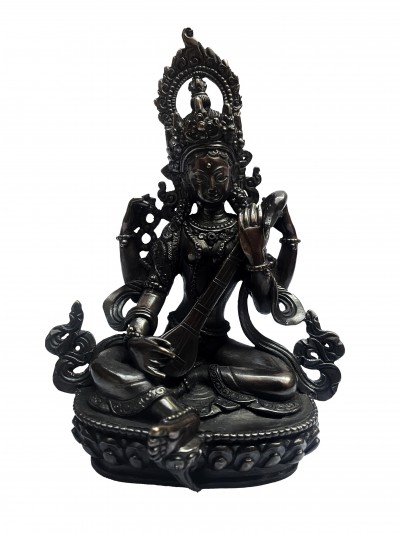 Buddhist Miniature Statue Of Saraswati, [black Oxidized]