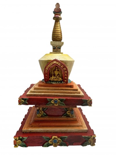 Buddhist Wooden Statue Of Stupa, With Shakyamuni Buddha, [traditional Color Finishing]
