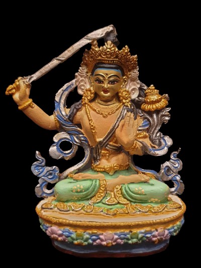 Buddhist Miniature Statue Of Manjushri, [traditional Color, Face Painted]
