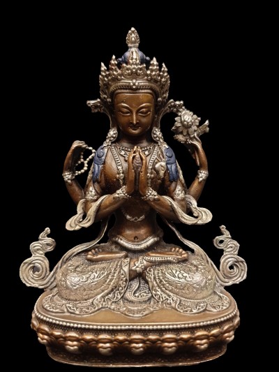 Buddhist Miniature Statue Of Chenrezig, [silver And Chocolate Oxidized]