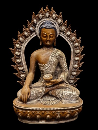 Buddhist Miniature Statue Of Shakyamuni Buddha, [silver And Chocolate Oxidized]