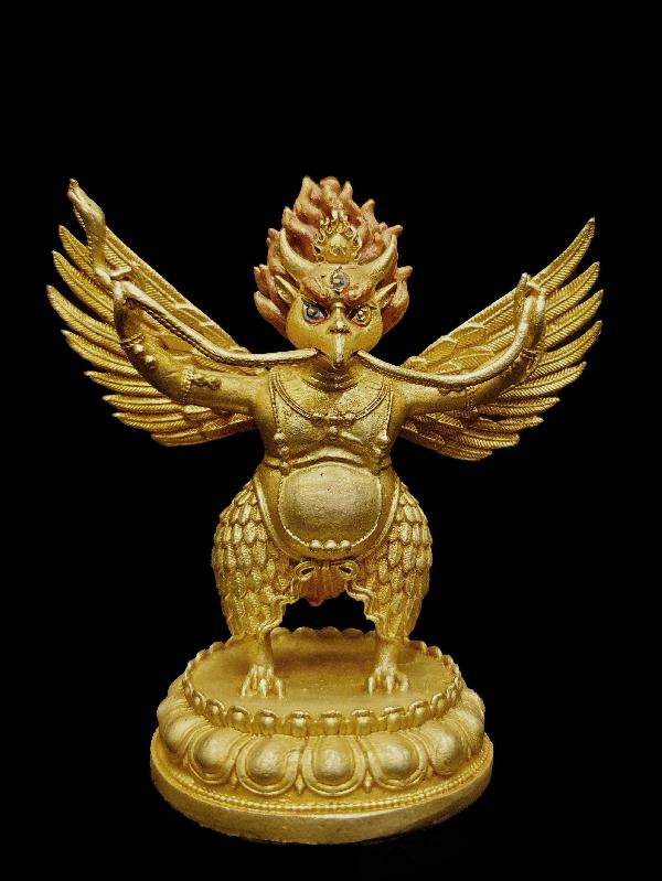 Buddhist Miniature Statue Of Garuda, [full Gold Plated, Face Painted]