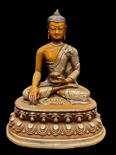 Buddhist Miniature Statue Of Shakyamuni Buddha, [silver And Chocolate Oxidized]