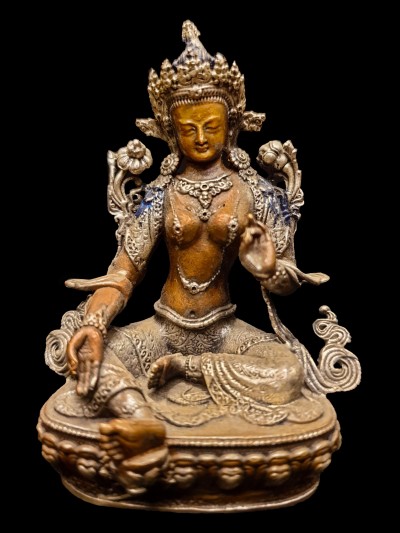 Buddhist Miniature Statue Of Green Tara, [silver And Chocolate Oxidized]