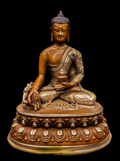 Buddhist Miniature Statue Of Medicine Buddha, [silver And Chocolate Oxidized]