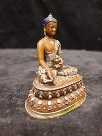 Buddhist Miniature Statue Of Medicine Buddha, [silver And Chocolate Oxidized]