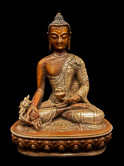 Buddhist Miniature Statue Of Medicine Buddha, [silver And Chocolate Oxidized]