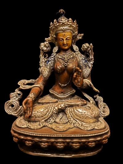 Buddhist Miniature Statue Of White Tara, [silver And Chocolate Oxidized]