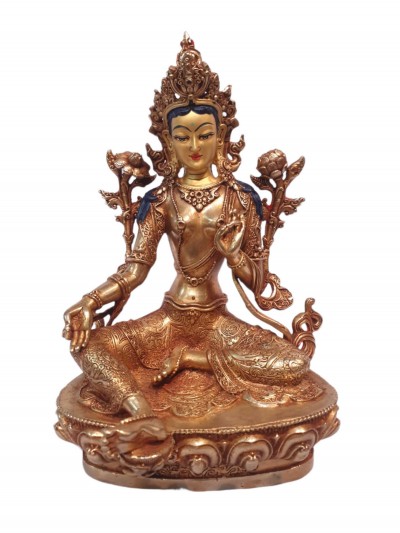 Tibetan Buddhist Statue Of Green Tara, [full Gold Plated, And Painted Face]