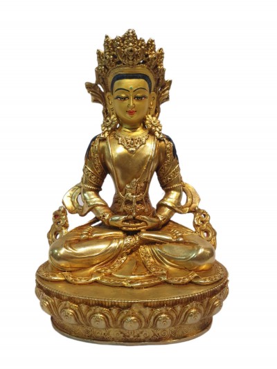 Tibetan Buddhist Statue Of Aparimita, [full Gold Plated, And Painted Face], Amitayus, Chepame