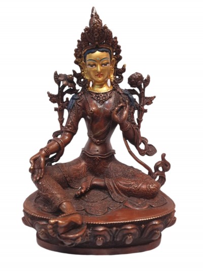 Tibetan Buddhist Statue Of Green Tara, [oxidized And Painted Face]
