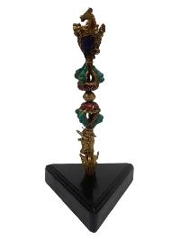 Tibetan Statue Of Phurba, [gold Plated, Stone Setting,turquoise, Coral, Lapis,]