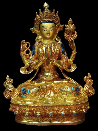Buddhist Statue Of Chenrezig, [full Gold Plated, Stone Setting, Face Painted]