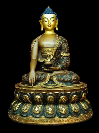 Buddhist Statue Of Shakyamuni Buddha, [chocolate Oxidized, Stone Setting, Face Painted]
