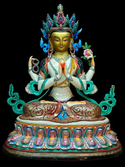 Buddhist Statue Of Chenrezig, [traditional Color, Face Painted]