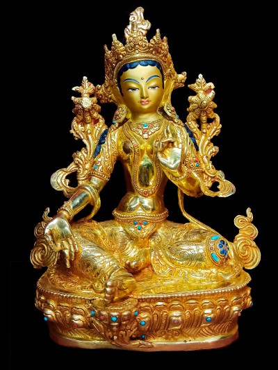 Buddhist Statue Of Green Tara, [full Gold Plated,stone Setting, Face Painted]