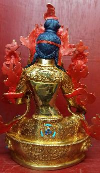 Buddhist Statue Of Green Tara, [full Gold Plated,stone Setting, Face Painted]