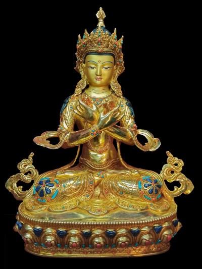 Buddhist Statue Of Vajradhara, [full Gold Plated, Stone Setting, Face Painted]
