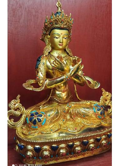 Buddhist Statue Of Vajradhara, [full Gold Plated, Stone Setting, Face Painted]